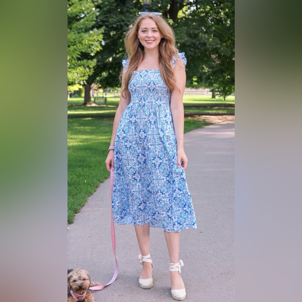 Hill House Blue Tile-Print Strapless Midi Dress